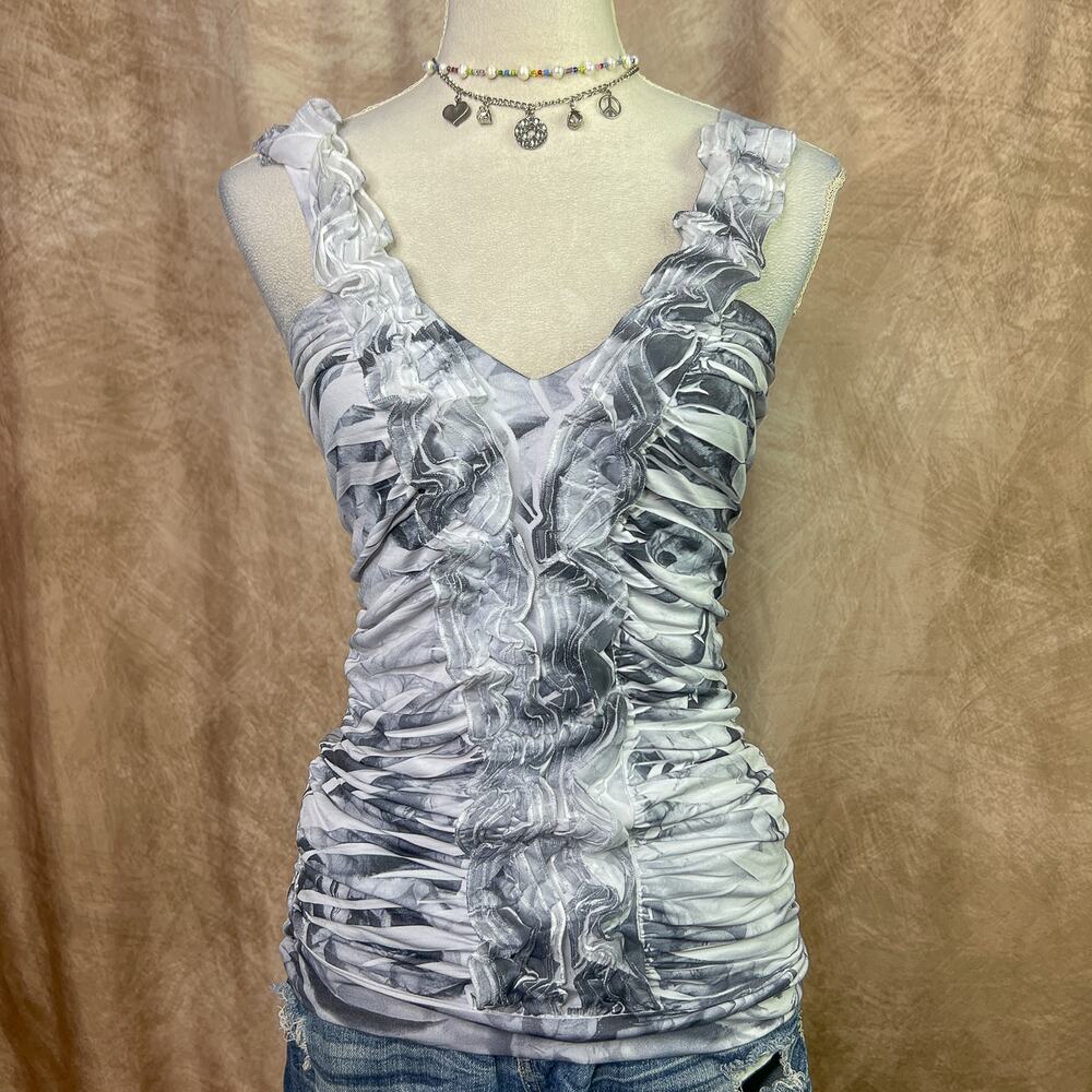 Ruffled Tank Top Ruched Gray White Abstract Print Sleeveless V Neck Vintage Y2K